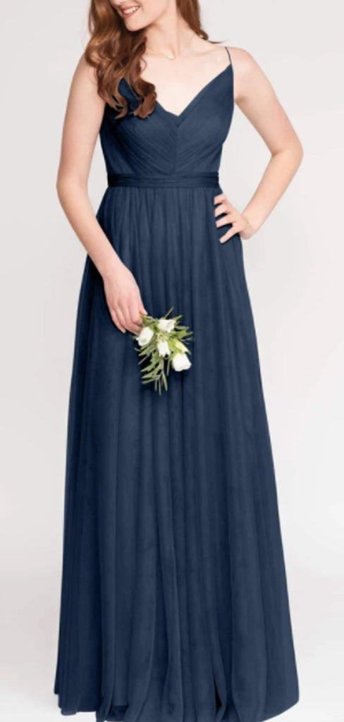 V-Neck Navy Blue Long Tulle A-Line Elegant Bridesmaid Dresses,WG347