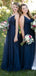 V-Neck Navy Blue Long Tulle A-Line Elegant Bridesmaid Dresses,WG347