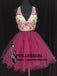 V Neck Short Embroidery Floral Fuchsia Most Popular Pretty Cheap Homecoming Dresses , BD0220