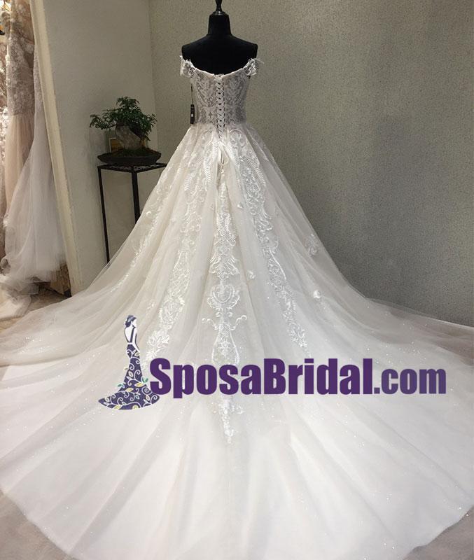 Off Shoulder Lace Up Back Long Tulle and lace Wedding Dresses with train, Elegant Pretty Bridal Gowns. WD0267