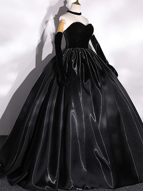 Black Velvet Liquid Satin Top Strapless Sweetheart A-line Long Prom Dress, PD3538