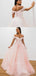 Blush Pink Off-shoulder V-neck Lace-up Back A-line Long Prom Dress, PD3474