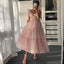 Blush Pink Ruffle Straps A-line Tea-length Tulle Prom Dress, Princess Gown, PD3332