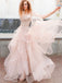 Blush Pink Straight Across Lace Top A-line Tulle Asymmetric Long Prom Dresses, PD3458