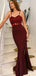 Burgundy Spaghetti Straps Sweetheart Lace Top Mermaid Side-slit Long Prom Dress, PD3273
