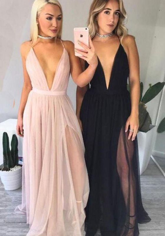 Cheap Simple Unique Design Deep V Neck Spaghetti Straps Pretty Prom Dress , PD0329 - SposaBridal