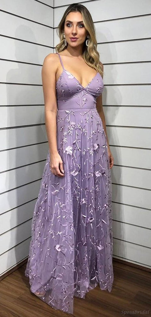Dusty Violet Spaghetti Straps V-neck A-line Long Floral Prom Dress, PD3253