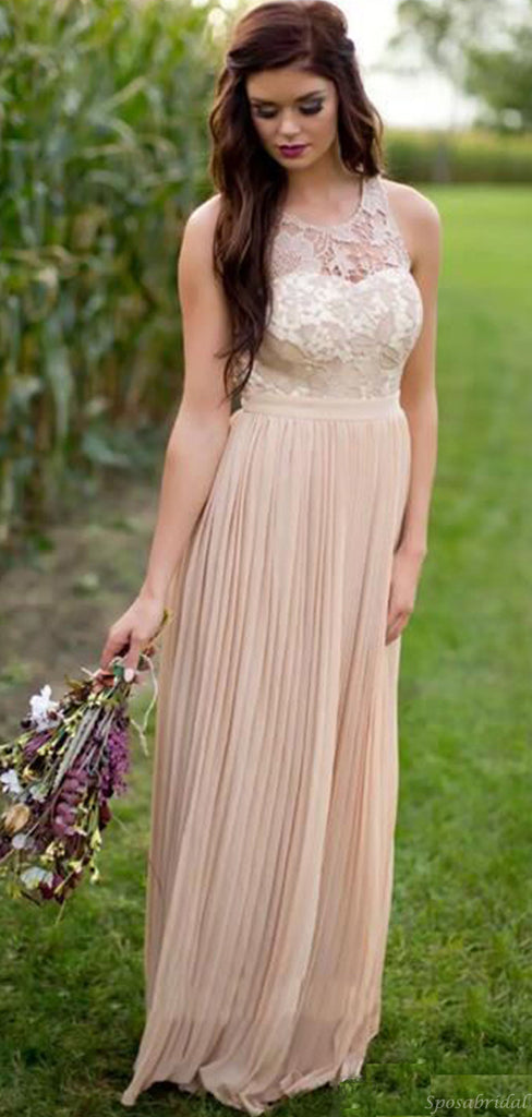 Elegant Blush Pink Strapless Lace Top Flowy Long Bridesmaid Dress, BD3125