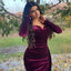 Elegant Maroon Velvet V-neck Long Sleeves Side-slit Mermaid Long Train Prom Dress, PD3217