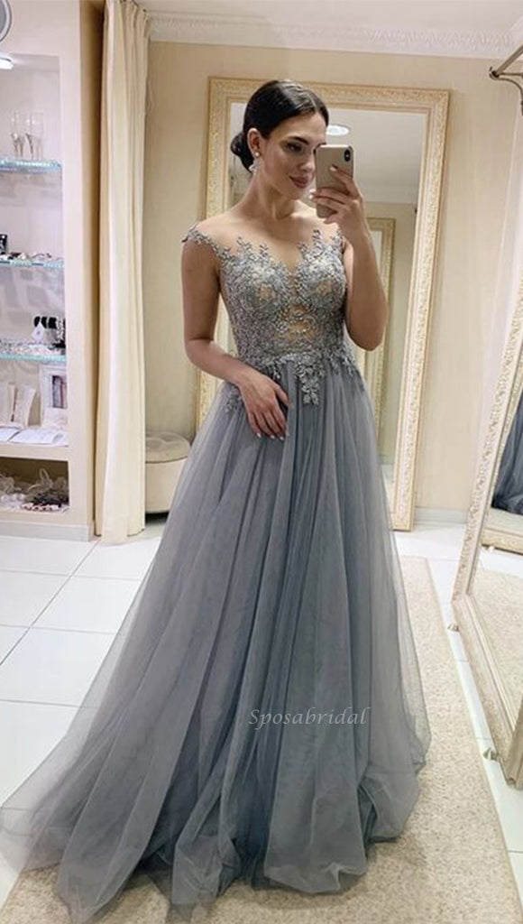 Elegant Lace Top See-through Gray A-line Long Tulle Prom Dress, PD3403