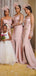 Elegant Pink One-shoulder Floral Lace Mermaid Side-slit Long Bridesmaid Dress, BD3224