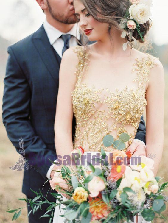 Custom Long Gold Stunning Chiffon Soft  Side Split Pretty Wedding dresses, Bridals Dress, PD0614