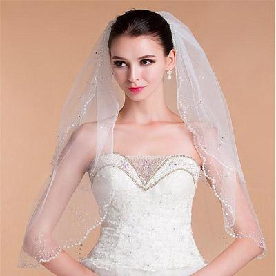 Shinning Tulle Double Layer Short Wedding Veil With Beading ,WV0124