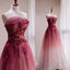 Gradient Dark Red Floral Lace Top A-line Long Prom Dress, PD3367