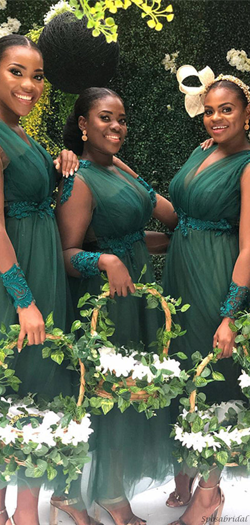 Hunter Green Lace Sleeves V-neck A-line Tulle Tea-length Bridesmaid Dresses, BD3074