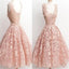 Peach Lace Scoop Neckline Short Cute homecoming prom dresses, CM0009