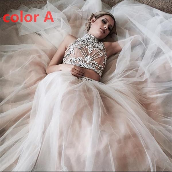 Tulle Two Piece High Neck Popular Custom Prom Dress, Party Dress, PD0320