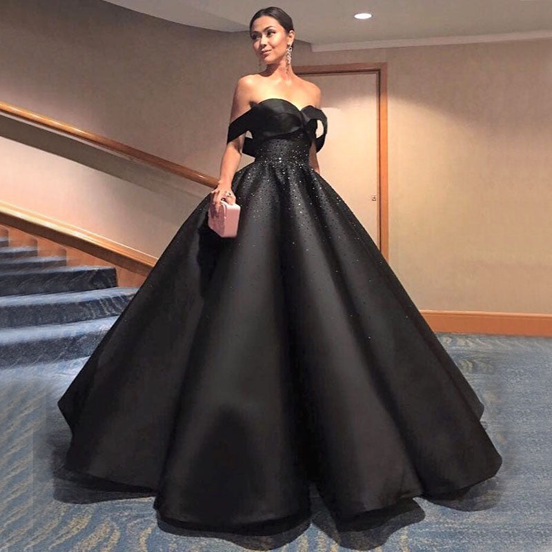 Black Modest Ball Gown, Long Elegant Unique Design Off the Shoulder Formal Prom Dresses, PD1295
