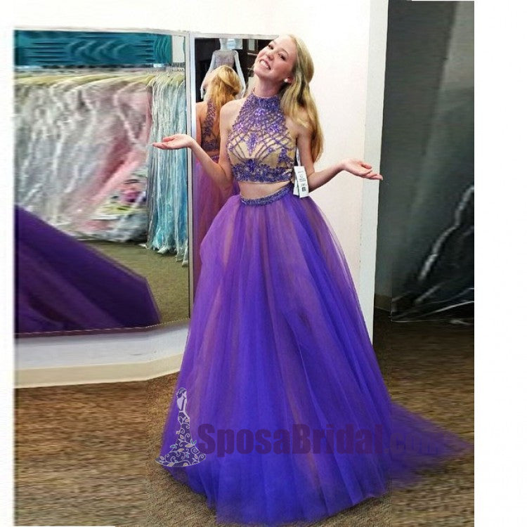 Tulle Two Piece High Neck Popular Custom Prom Dress, Party Dress, PD0320