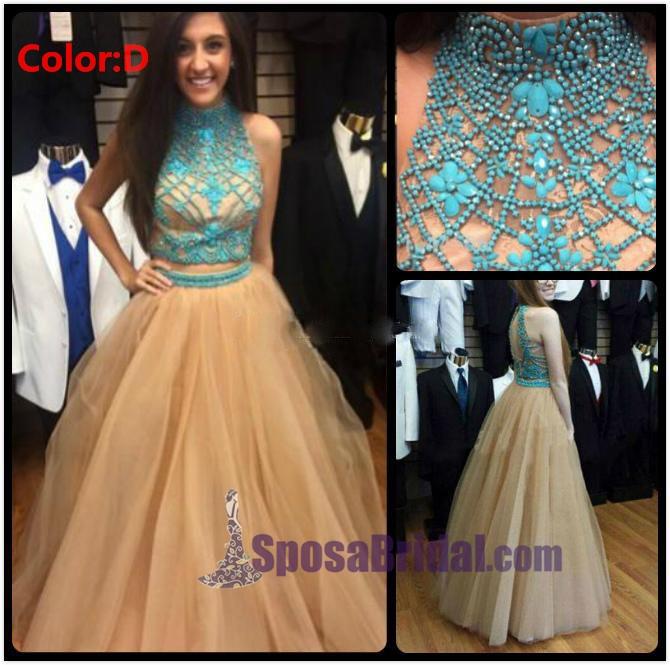 Tulle Two Piece High Neck Popular Custom Prom Dress, Party Dress, PD0320