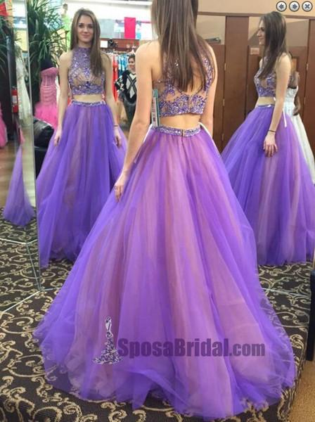 Tulle Two Piece High Neck Popular Custom Prom Dress, Party Dress, PD0320