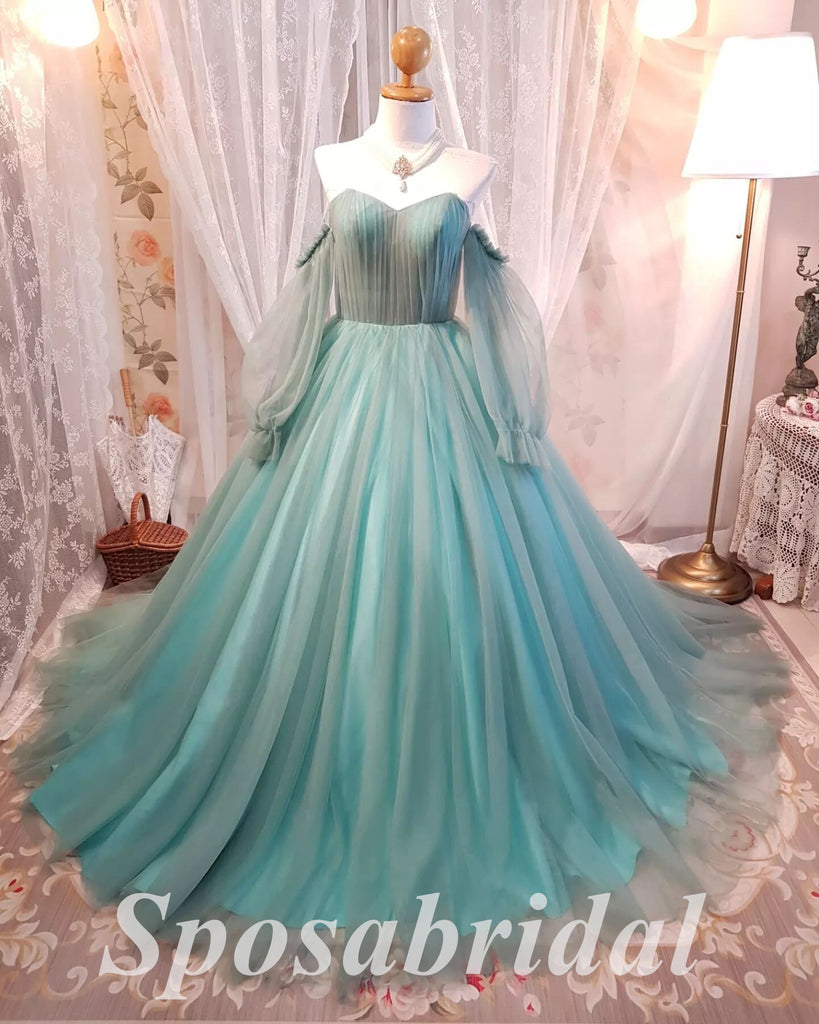 Elegant Tulle  V-Neck Long Sleeves A-Line Long Prom Dresses,PD3669