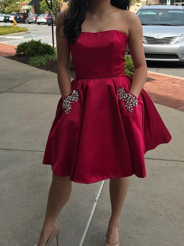 Simple Strapless Cute Cheap Beaded Red Homecoming Dresses, CM450