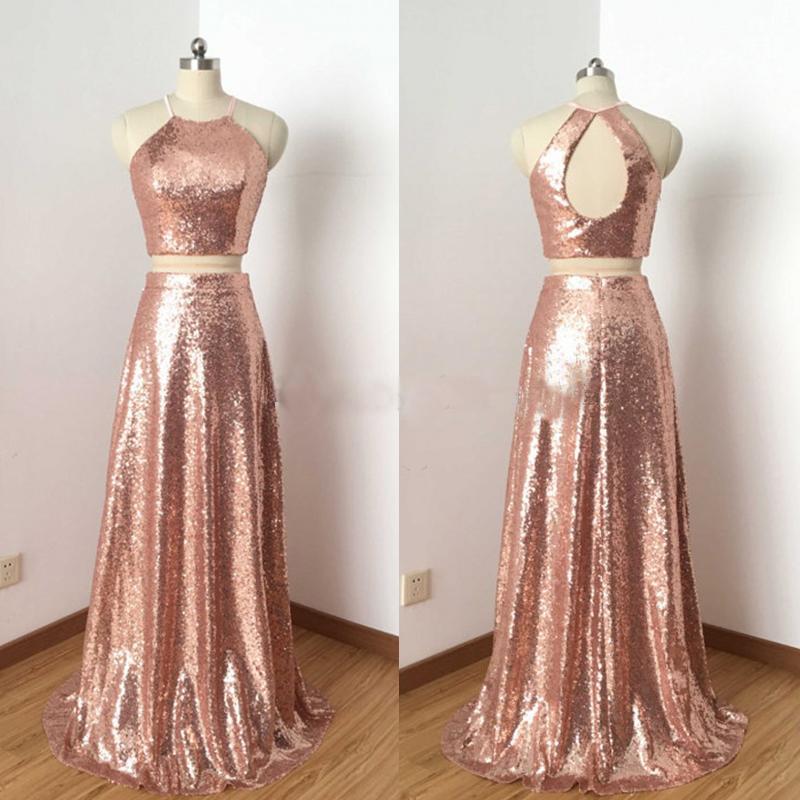 Charming Rose Gold Sequin Two Pieces Long Popular Fashion Prom Dress, Bridesmaid Dress, PD0383 - SposaBridal