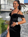 Sexy Black Off-shoulder Spaghetti Straps Side-slit Mermaid Long Prom Dress, PD3492
