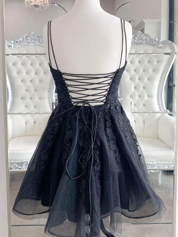 Sexy Black Spaghetti-strap A-line Lace Mini Homecoming Dress, HD3041