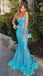 Sexy Bright Blue Spaghetti Straps Mermaid Feather Decorates Prom Dress, PD3320