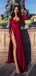 Sexy Burgundy Off-shoulder V-neck Long Sleeve Side-slit Long Prom Dress, PD1083