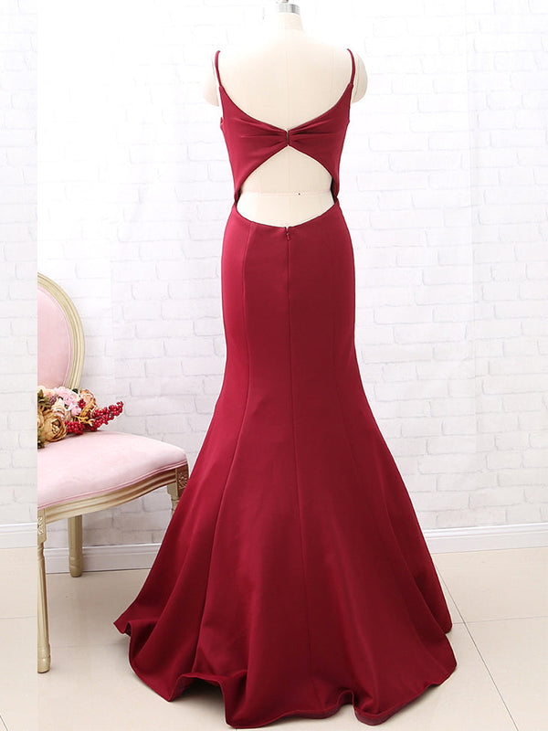 Sexy Dark Red Spaghetti Straps V-neck Mermaid Open Back Long Bridesmaid Dress, BD3254