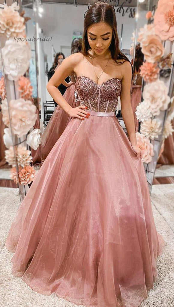 Sexy Dusty Rose Swwetheart Strapless Sparkly Top A-line Long Prom Dress, PD3317