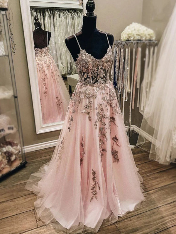 Sexy Elegant Blush Pink Floral Spaghetti Strap A-line Long Prom Dress, PD3188