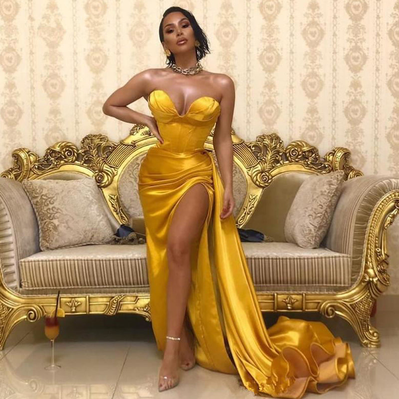 Sexy Gold Spaghetti Strap Sweetheart Corset Top Mermaid Side-slit Long Prom Dress, PD3226