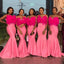 Sexy Hot Pink Spaghetti Straps Feather Top Sweetheart Mermaid Long Bridesmaid Dress, BD3221