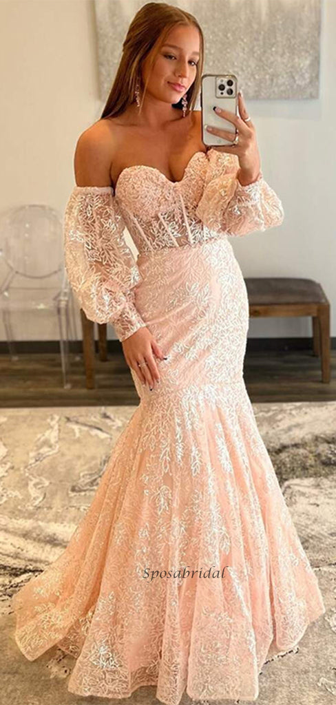 Sexy Pink Strapless Sweetheart Lace Mermaid Long Prom Dress, PD3544