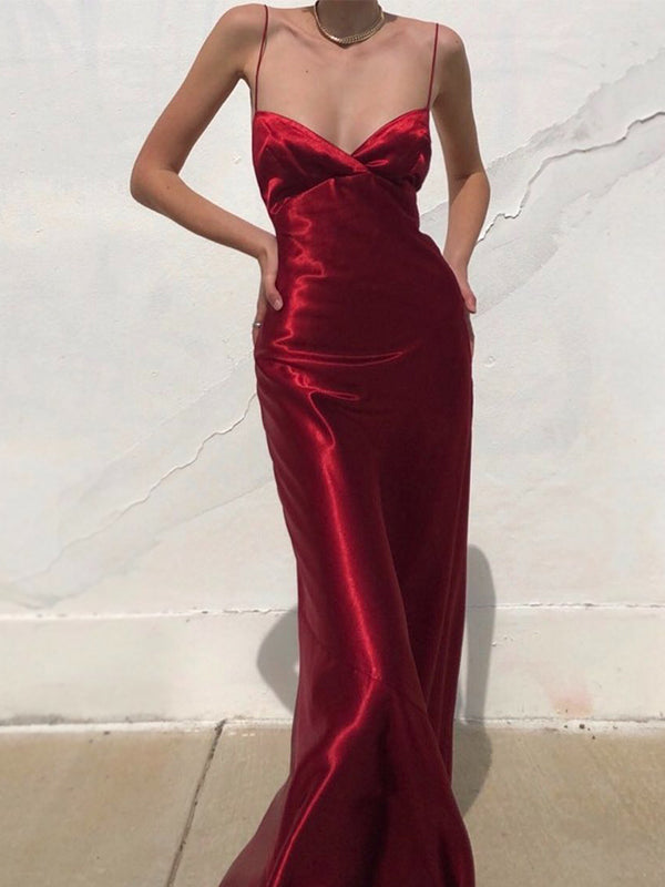 Sexy Red Spaghetti Straps V-neck Open Back A-line Long Prom Dress, PD3580