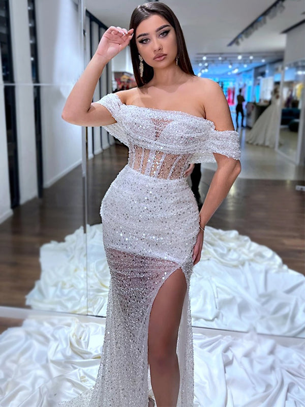 Sexy Sparkly White Off-shoulder Side-slit Mermaid Long Prom Dress, PD3501