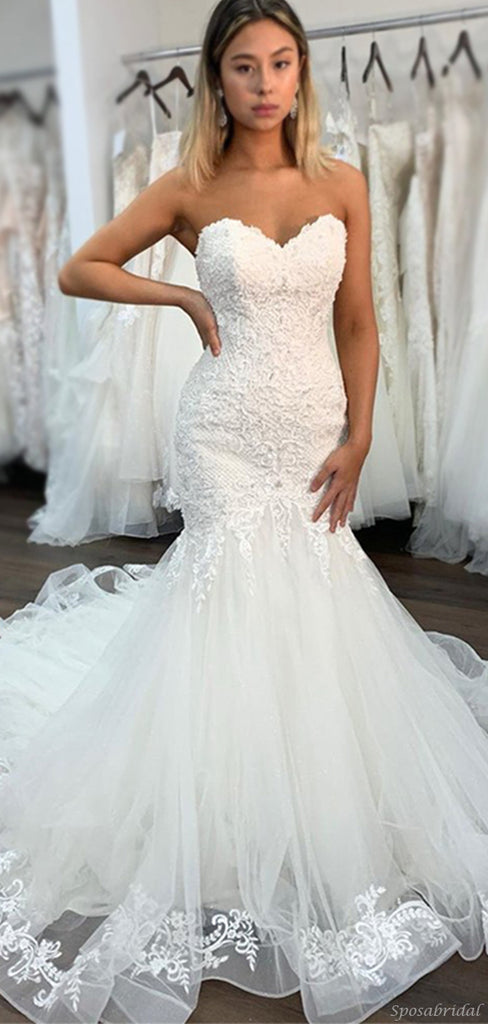 Sexy Strapless Sweetheart Lace Top Mermaid Long Train Wedding Dress, WD3075