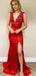 Sexy V-neck Red Sleeveless Mermaid Open-back Side-slit Long Prom Dress, PD3191