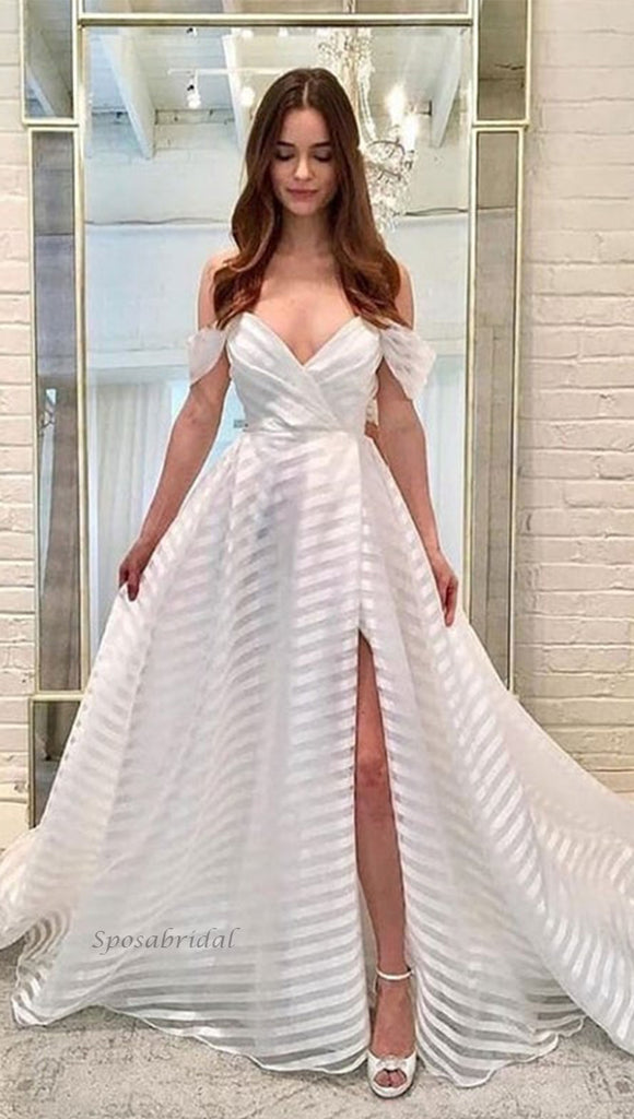 Simple Off-shoulder V-neck Stripes Side-slit A-line Long Prom Dress, PD3402