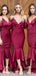 Smoothy Halter Burgundy Mermaid Asymetric Tea-length Bridesmaid Dress, BD3141