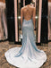 Spaghetti Straps Pale Blue Sparkly V-neck Mermaid Long Prom Dress, PD3416