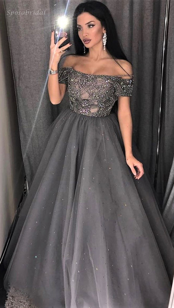 Sparkly Gray Off-shoulder Beads Top A-line Long Prom Dress, PD3347
