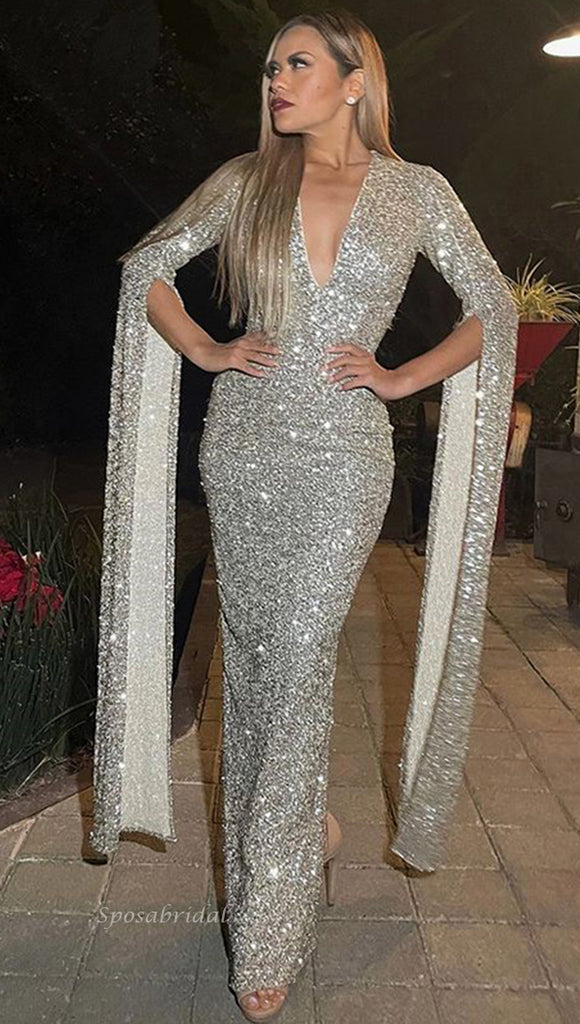 Sparkly Silver V-neck Long Sleeves Mermaid Long Prom Dress, PD3408