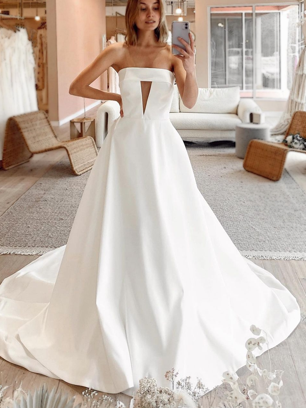 Straight-across Illusion V-neck A-line Long Wedding Dress, WD3023