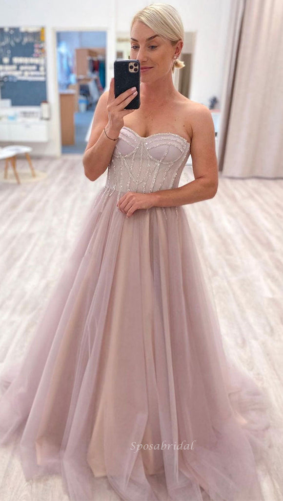 Strapless Dusty Pink Sexy Sparkly Top A-line Long Prom Dress, PD3420