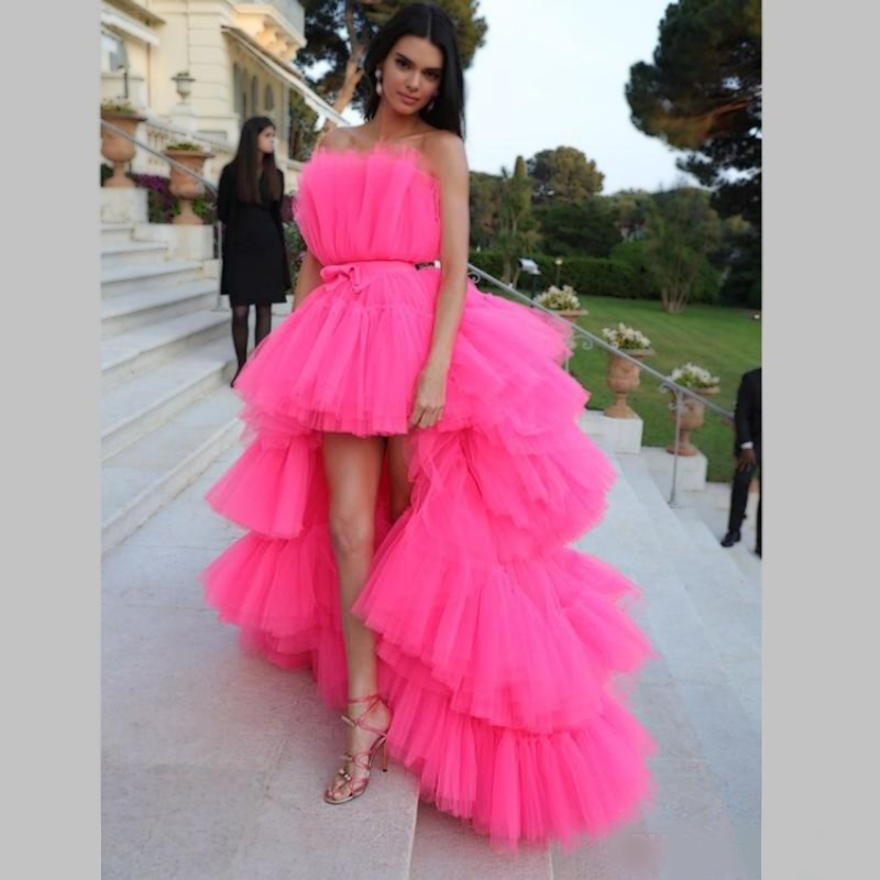 Sexy Tulle Ruffle Pink High-low Long Prom Party Dress, PD3097